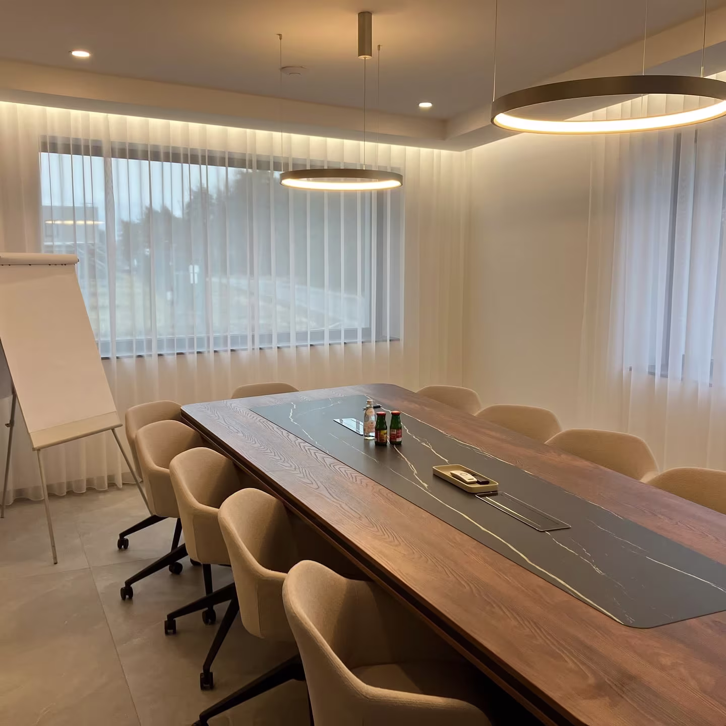 Realizace moderní zasedací místnosti pro Plzeňskou firmu. designové led svítidla, tmavě dřevěný stůl.