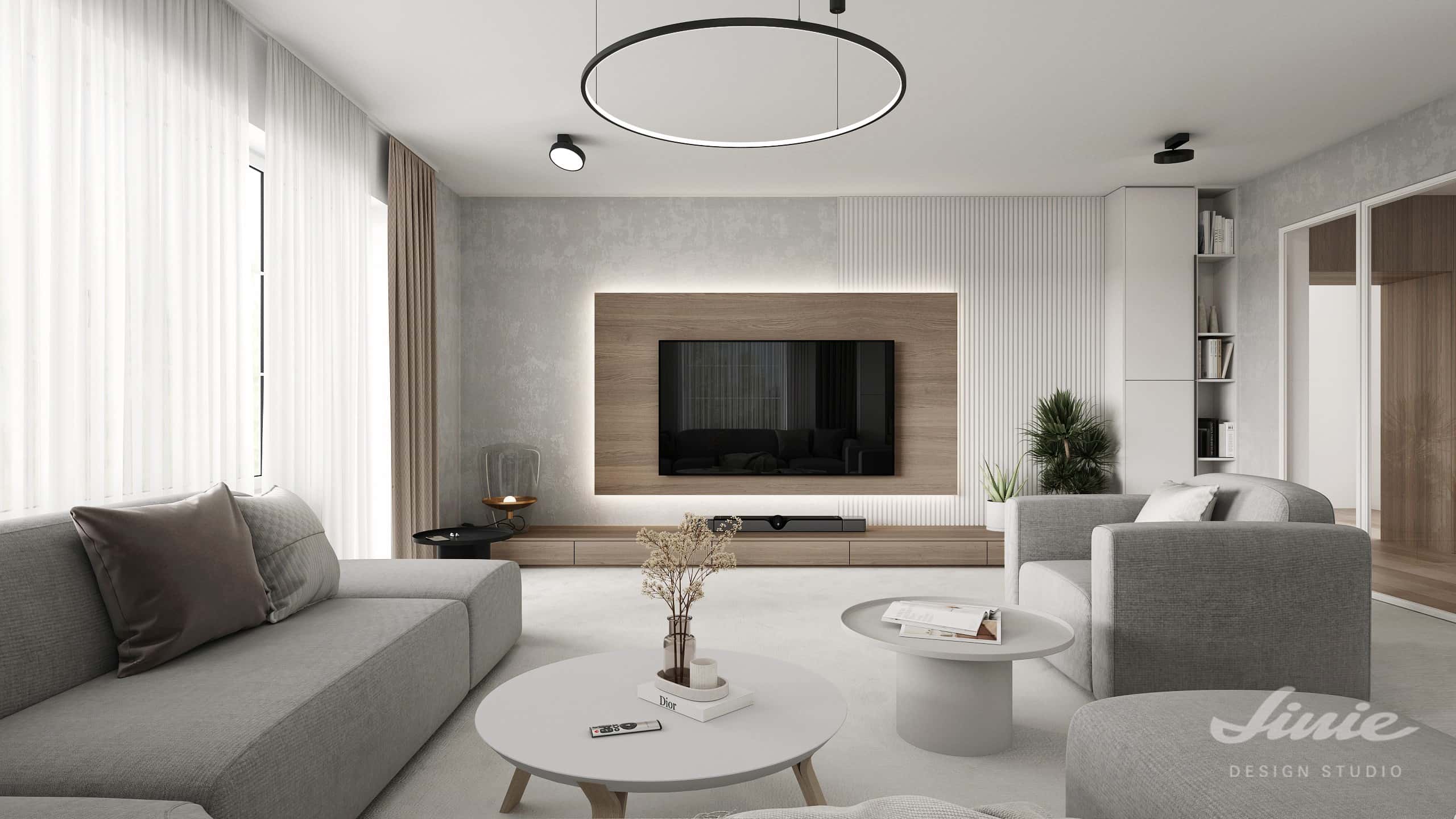 Moderní interiér obývacího pokoje v rodinném domě. Návrh interiéru od Liniedesignstudio.