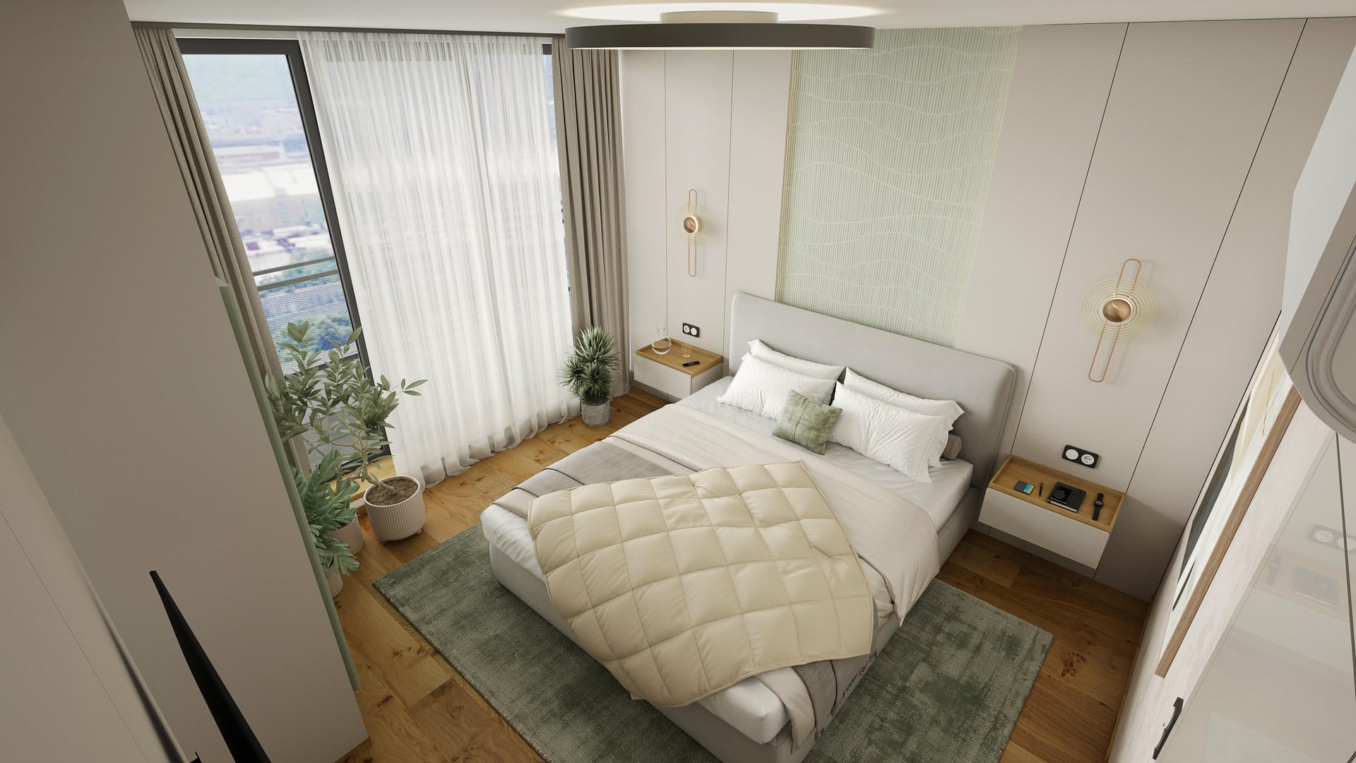 Designová vizualizace ložnice kombinující přírodní textury a moderní styl.